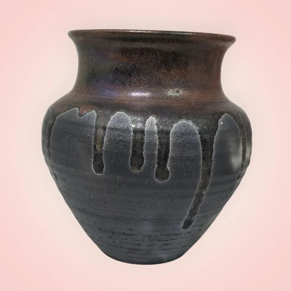 Vintage Raku Style Handmade Ceramic Brown Vase 5” Signed 